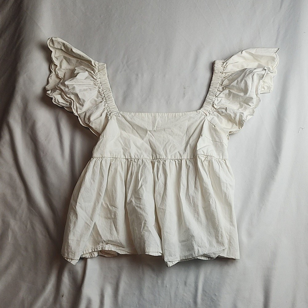 Altar'd State Ruffle Flutter Sleeve Babydoll Crop Top Ivory Women's Size Medium
